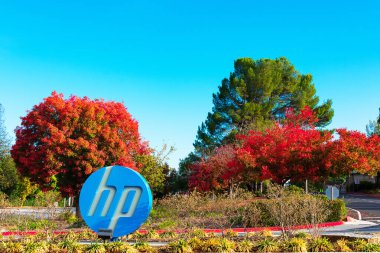 Hewlett-Packard Şirketi 'nin mavi, beyaz, yuvarlak Hp logosu.