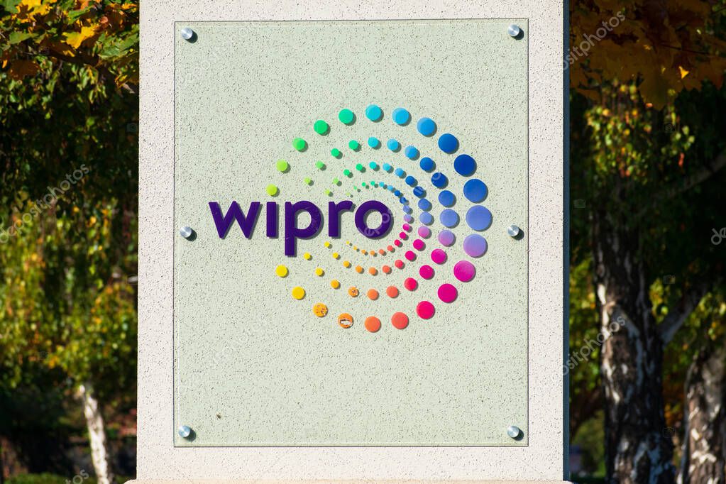 Wipro logo and sign at Indian corporation office in Silicon Valley. Wipro Limited logo comprises multi-coloured dots in four circles - Mountain View, California, USA - 2019
