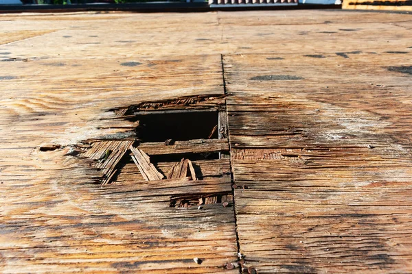 Danos no convés da madeira compensada e manchas de água da água da chuva — Fotografia de Stock