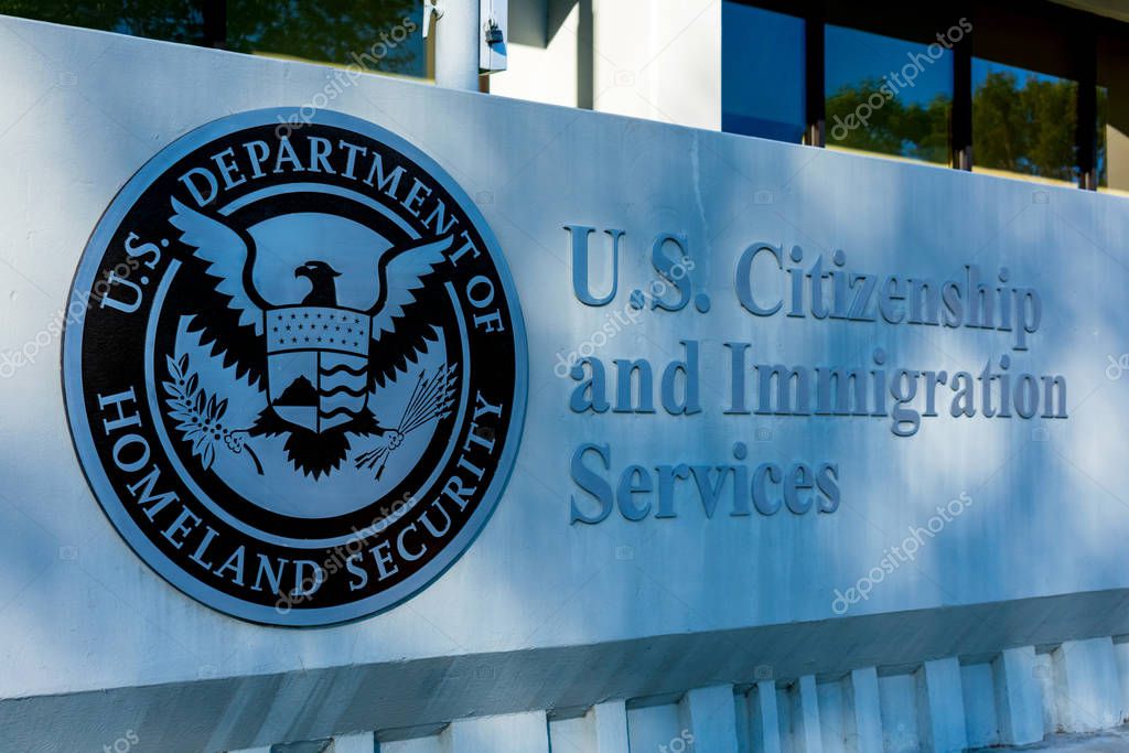 U.S. Citizenship and Immigration Services agency USCIS of the U.S. Department of Homeland Security DHS sign near the field office - Santa Clara, California, USA - 2019