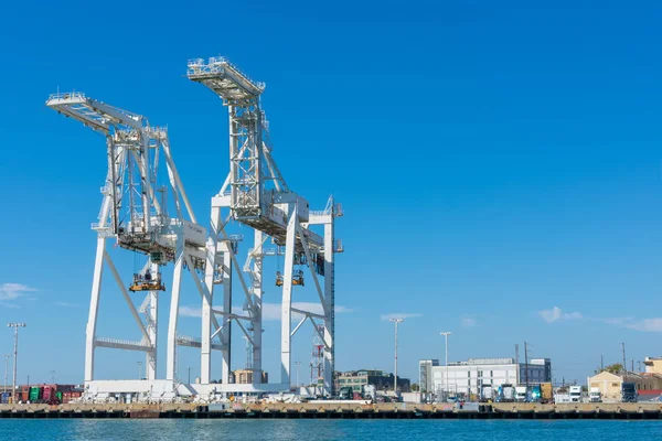 Container cargo gantry Super-Post Panamax kranen opgesteld bij leeg dok — Stockfoto