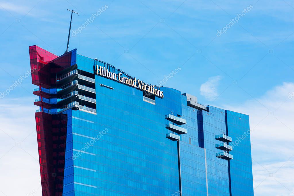 Hilton Grand Vacations Elara hotel facade on the Las Vegas Strip in Paradise - Las Vegas, Nevada, USA - December, 2019