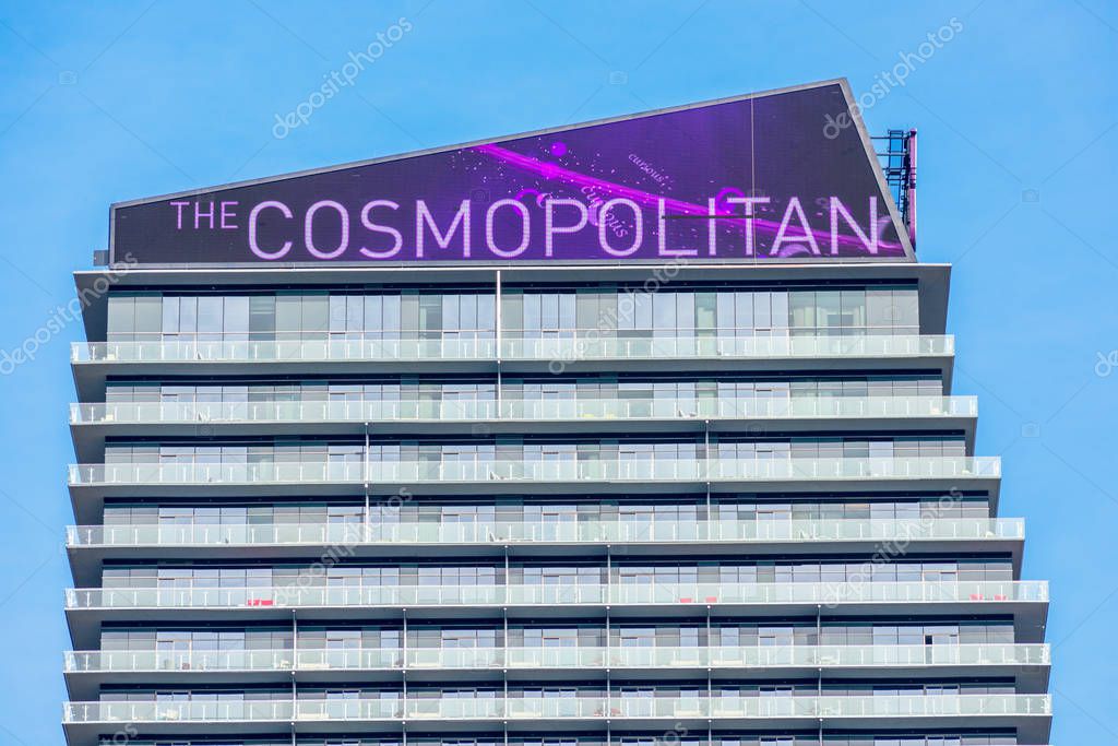 Cosmopolitan sign atop hotel, casino, entertainment and shopping promenade on the Las Vegas Strip - Las Vegas, Nevada, USA - December, 2019