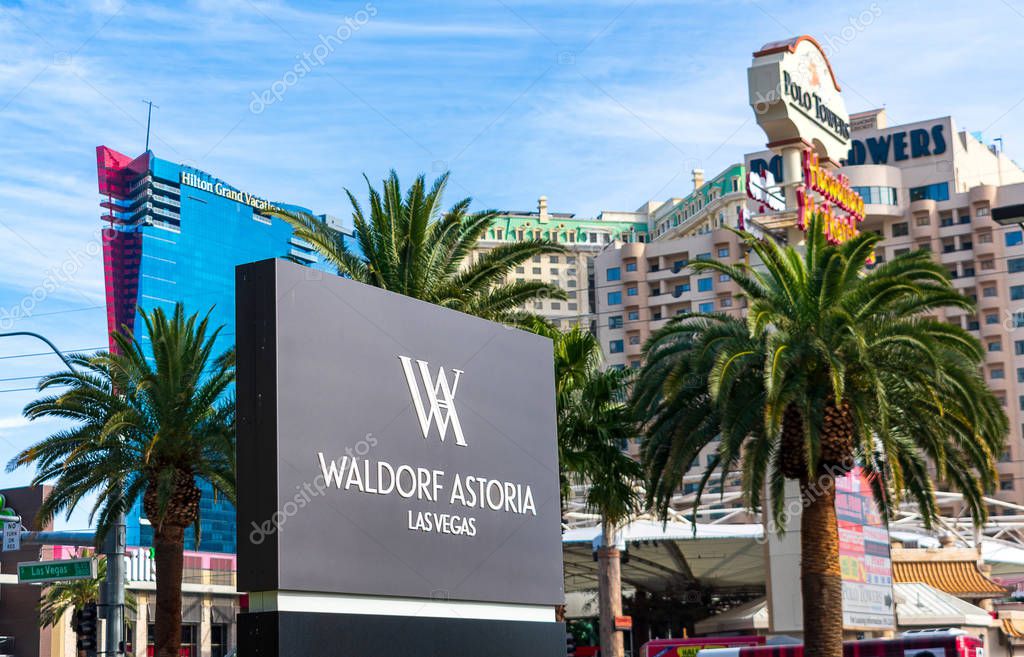 Waldorf Astoria luxury hotel on the Las Vegas Strip. Background Elara and Polo Towers hotels - Las Vegas, Nevada, USA - December, 2019