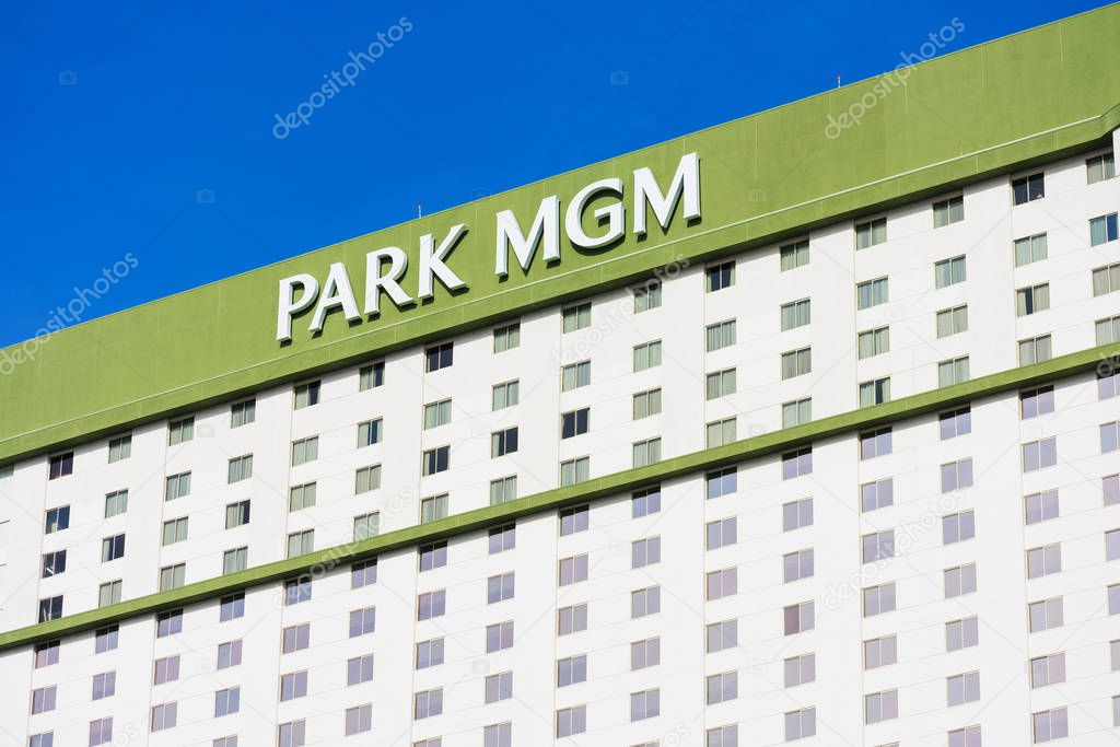 Park MGM sign atop hotel, casino, entertainment and shopping promenade facade and exterior as seen from Las Vegas Strip - Las Vegas, Nevada, USA - December, 2019