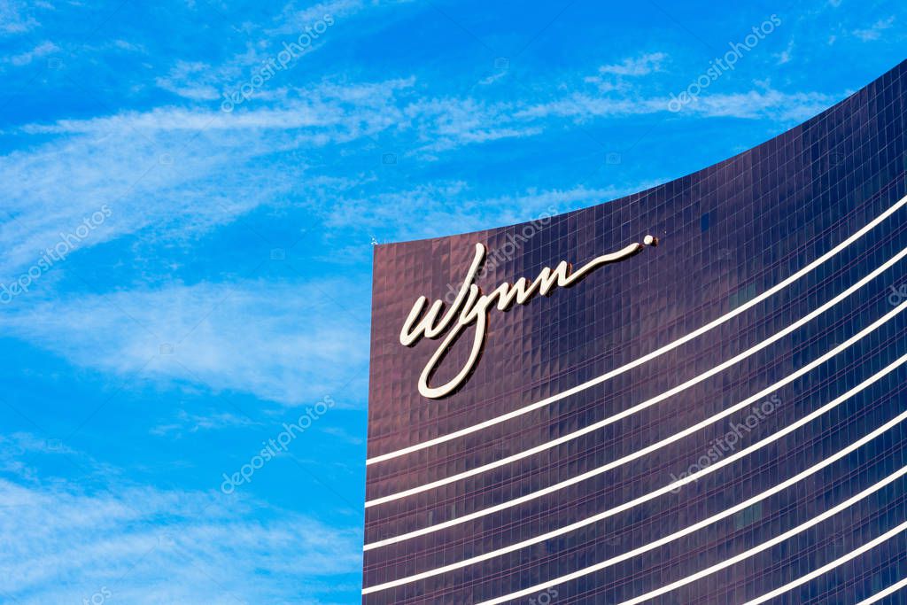 Wynn luxury hotel, casino, entertainment and shopping promenade facade and exterior as seen from Las Vegas Strip - Las Vegas, Nevada, USA - December, 2019
