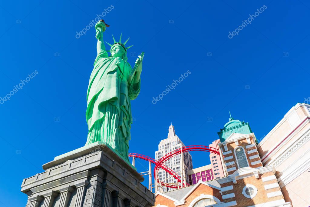 Statue of Liberty replica. New York New York hotel and casino - Las Vegas, Nevada, USA - December, 2019