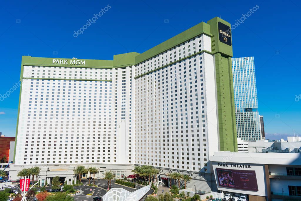 Exterior facade view of Park MGM, NoMad and Park Theater. The building hotel, casino, entertainment and shopping promenade - Las Vegas, Nevada, USA - December, 2019