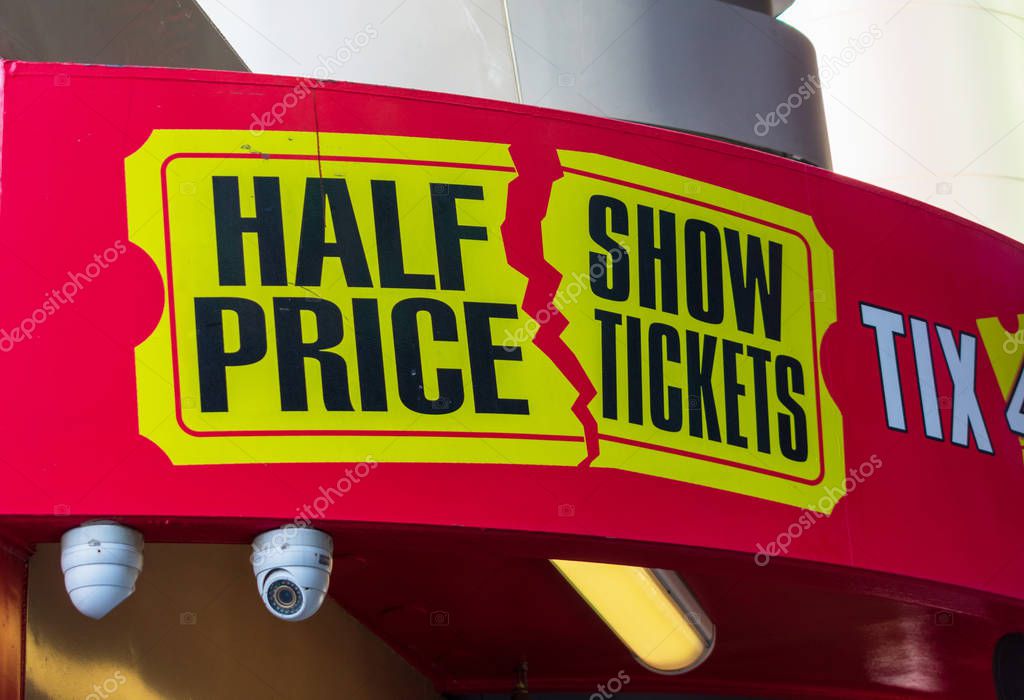 Half price show tickets sign on ticket kiosk offering discount tickets on shows and attractions - Las Vegas, Nevada, USA - December, 2019