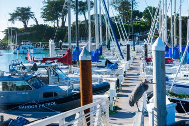 Santa Cruz Küçük Craft Limanı 'na demirlemiş boş yatlar ve balıkçı tekneleri.