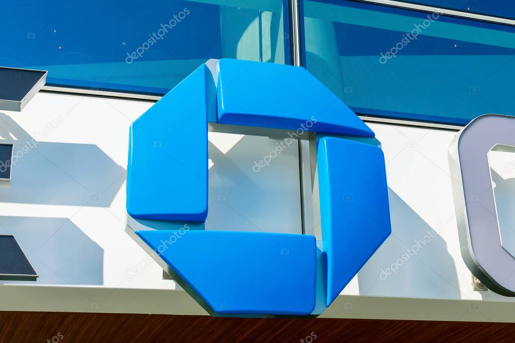 Chase Bank octagon logo on the facade of Chase Center - San Francisco, CA, USA - 2019