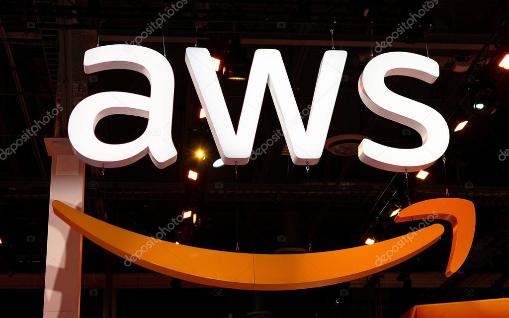Large AWS sign. Amazon Web Services (AWS) is a subsidiary of Amazon that provides on-demand cloud computing platforms for its customrs - Las Vegas, Nevada, USA - December 3, 2019