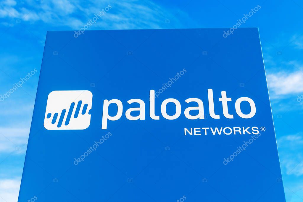 Palo Alto Networks sign and logo at Silicon Valley headquarters campus under blue sky - Santa Clara, CA, USA - 2020