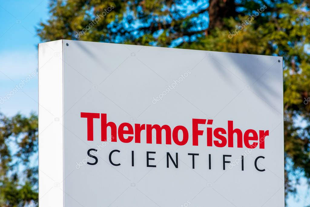 Thermo Fisher Scientific sign at the biotechnology product development company office in Silicon Valley, the high-tech hub of San Francisco Bay Area - Fremont, CA, USA - 2020