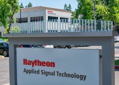 Raytheon Applied Signal Technology sign near Silicon Valley office of defense contractor and industrial corporation headquartered in Waltham, Massachusetts clipart