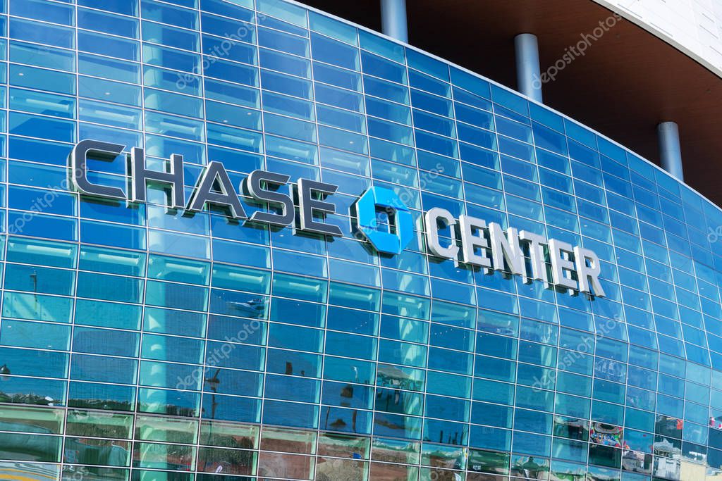 Chase Center sign and logo on the glass facade of the indoor arena and stadium. JPMorgan Chase bank and financial company had purchased the naming rights of the arena - San Francisco, CA, USA - 2020