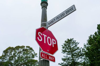 Golden Gate Park 'taki Nancy Pelosi Yolu' ndaki dur levhası - San Francisco, California, ABD - 2020