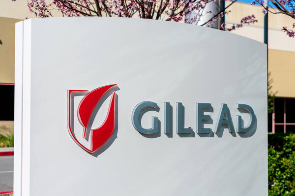 Gilead sign at headquarters. Gilead Sciences announced plans to test a treatment for COVID-19, disease caused by growing coronavirus outbreak - Foster City, California, USA - 2020