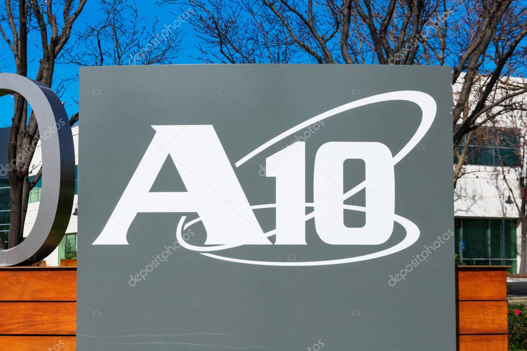 Large A10 Networks logo at company headquarters. A10 Networks is a US public company specializing in the manufacturing of application delivery controllers - San Jose, California, USA - 2020