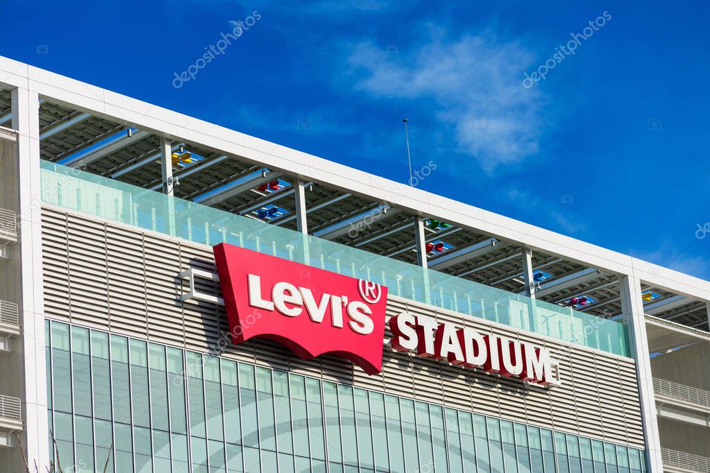 Levi's Stadium sign under blue sky on Levi's Stadium home of San Francisco 49ers of the National Football League - 2020