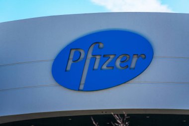 Pfizer logo on pharmaceutical corporation campus in Silicon Valley - South San Francisco, CA, USA - 2020 clipart