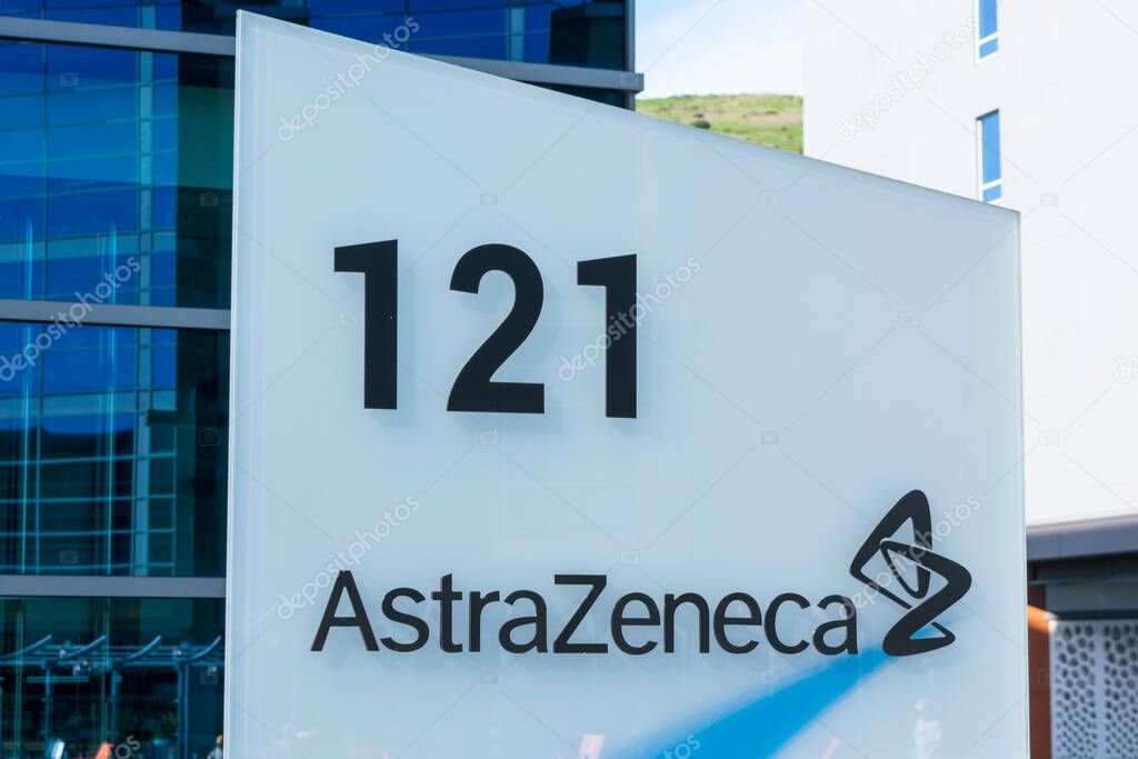 AstraZeneca sign at British-Swedish multinational pharmaceutical and biopharmaceutical company campus - South San Francisco, California, USA - 2020