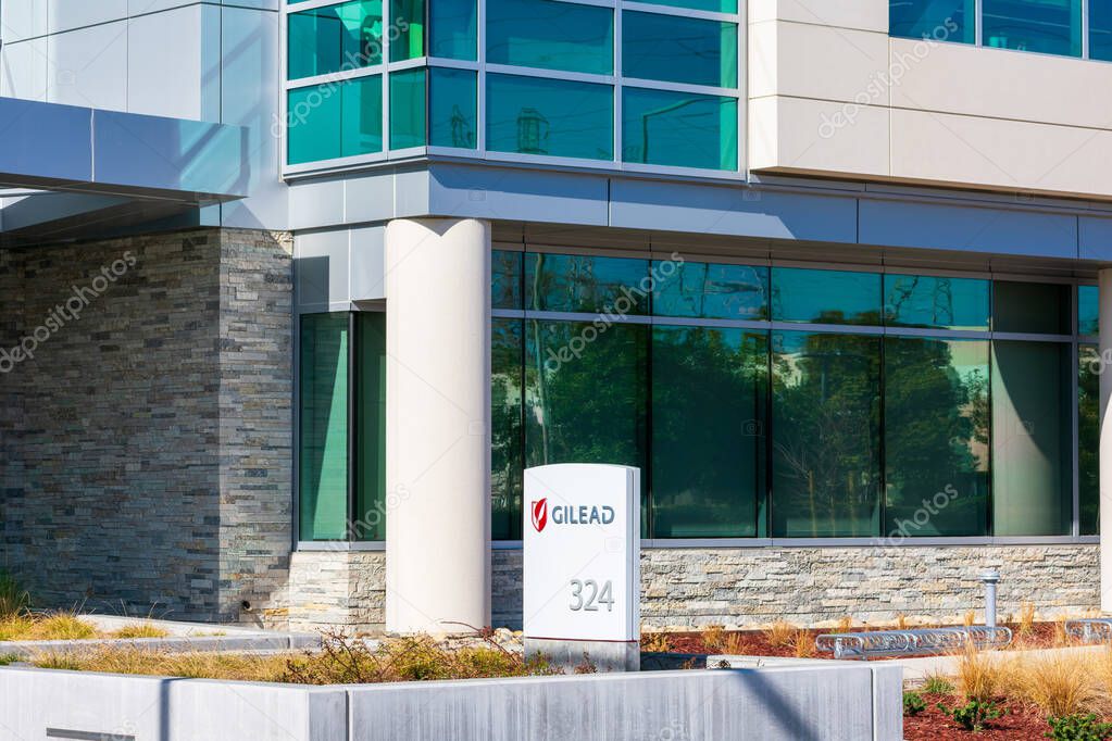 Gilead sign at headquarters. Gilead Sciences announced plans to test a treatment for COVID-19, disease caused by growing coronavirus outbreak - Foster City, California, USA - 2020