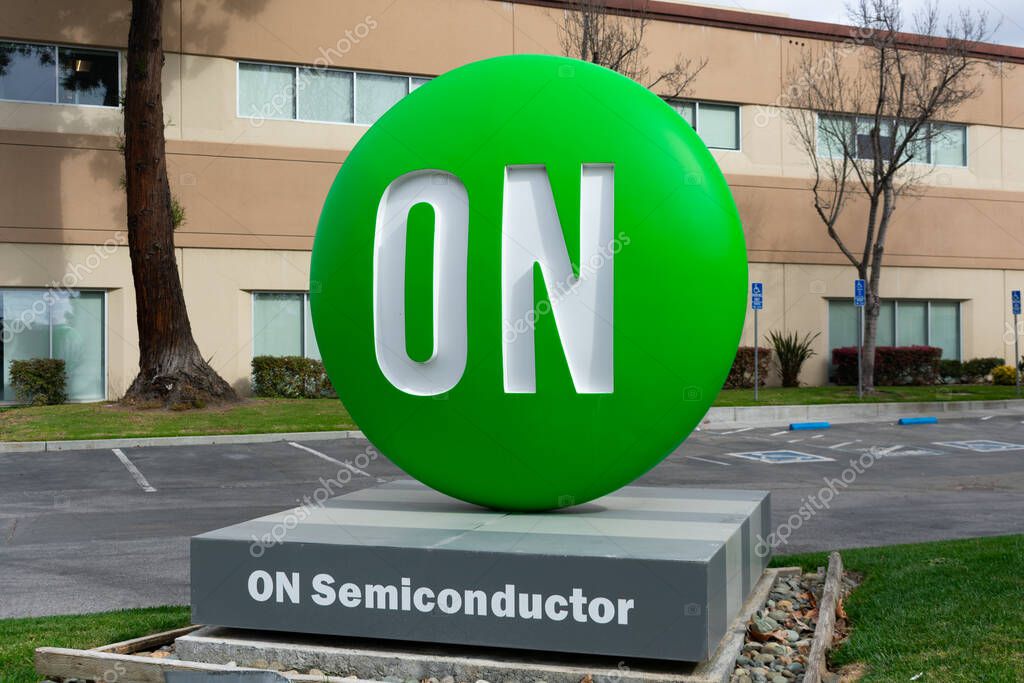 ON Semiconductor logo at company headquarters in Silicon Valley. ON Semiconductor is a Fortune 500 semiconductors supplier company - Sunnyvale, California, USA - 2020