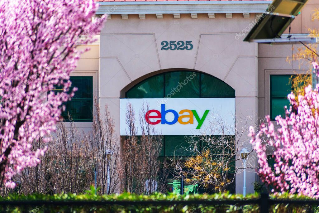 EBay logo and sign at eBay campus in Silicon Valley. eBay Inc. is a multinational e-commerce corporation - San Jose, California, USA - 2020