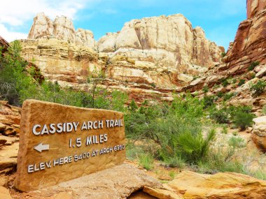 Cassidy Arch Yolu tabelasının başında Capitol Resif Ulusal Parkı 'nda yoğun trafik ve yürüyüş parkı - Torrey, Utah, ABD - 2015
