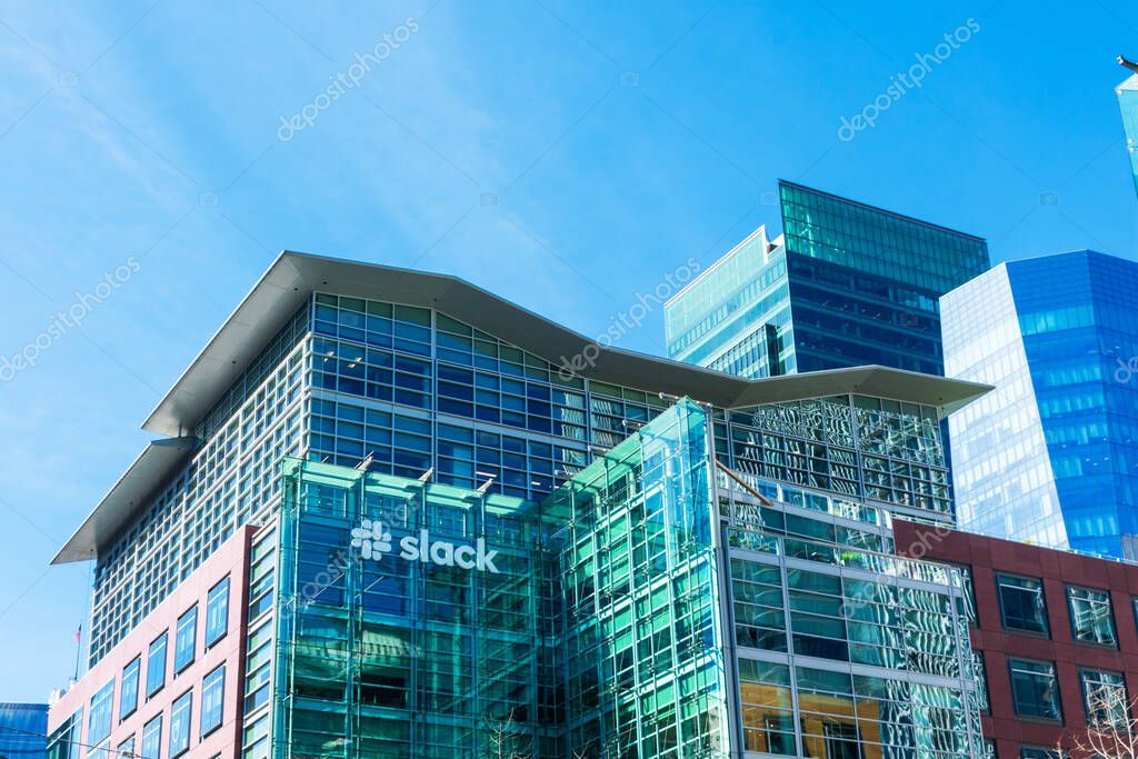 Slack headquarters. Slack Technologies designs and develops communication platform for real-time messaging, file sharing, archiving, and searching services - San Francisco, California, USA - 2020