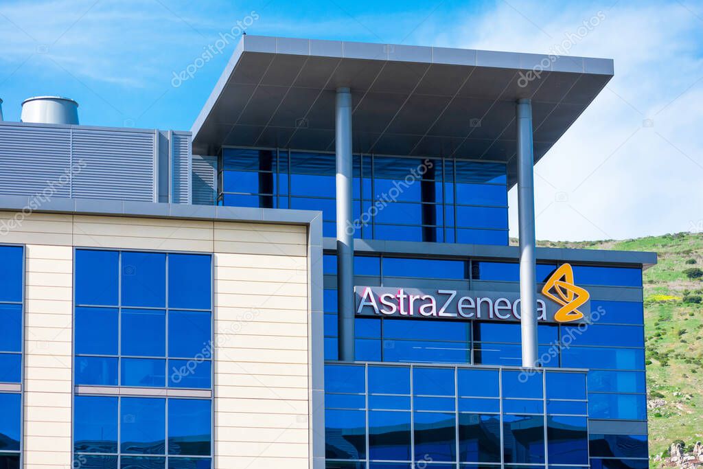 AstraZeneca logo on British-Swedish multinational pharmaceutical and biopharmaceutical company campus - South San Francisco, California, USA - 2020