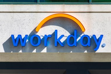 Workday logo and sign on the facade of software corporation headquarters. Workday, Inc. is on-demand software vendor in Silicon Valley - San Francisco, California, USA - 2020 clipart