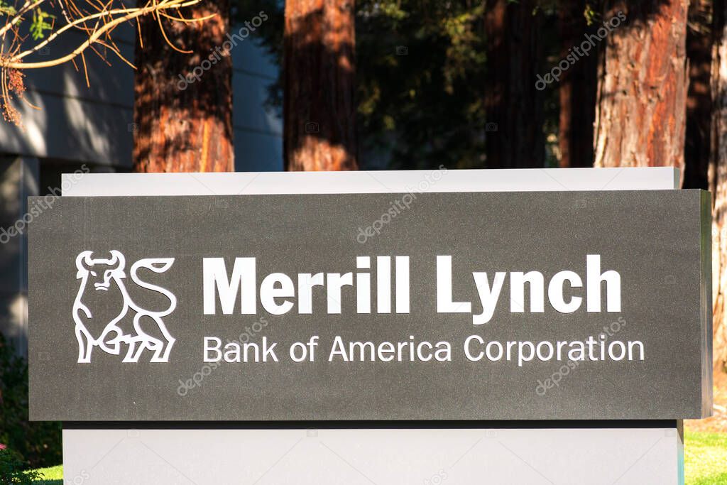 Merrill Lynch sign and logo. Merrill Lynch, Pierce, Fenner and Smith Incorporated is an investing and wealth management division of Bank of America - San Francisco, California, USA - 2020