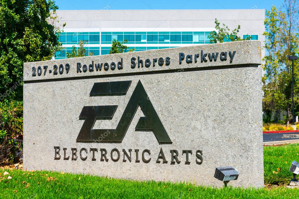 Electronic Arts sign at video game company headquarters in Silicon Valley, high-tech hub of San Francisco Bay Area - Redwood City, California, USA - 2019