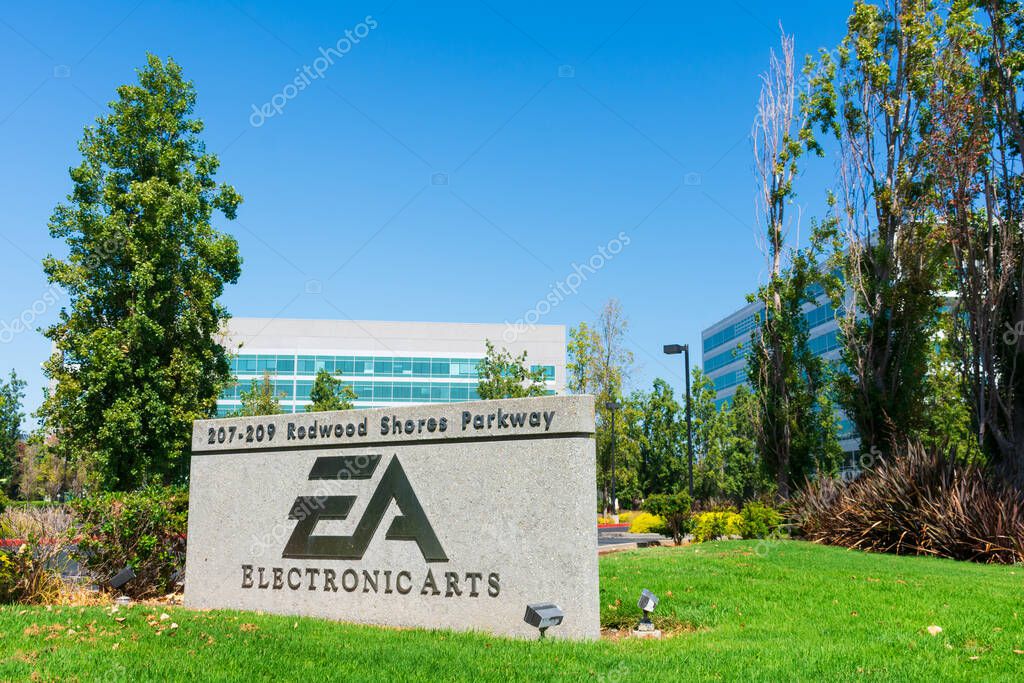 Electronic Arts sign at video game company headquarters in Silicon Valley, high-tech hub of San Francisco Bay Area - Redwood City, California, USA - 2019