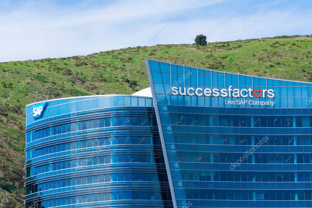 SAP SuccessFactors an SAP company sign on the glass facade of cloud software company headquarters in Silicon Valley - South San Francisco, CA, USA - 2020