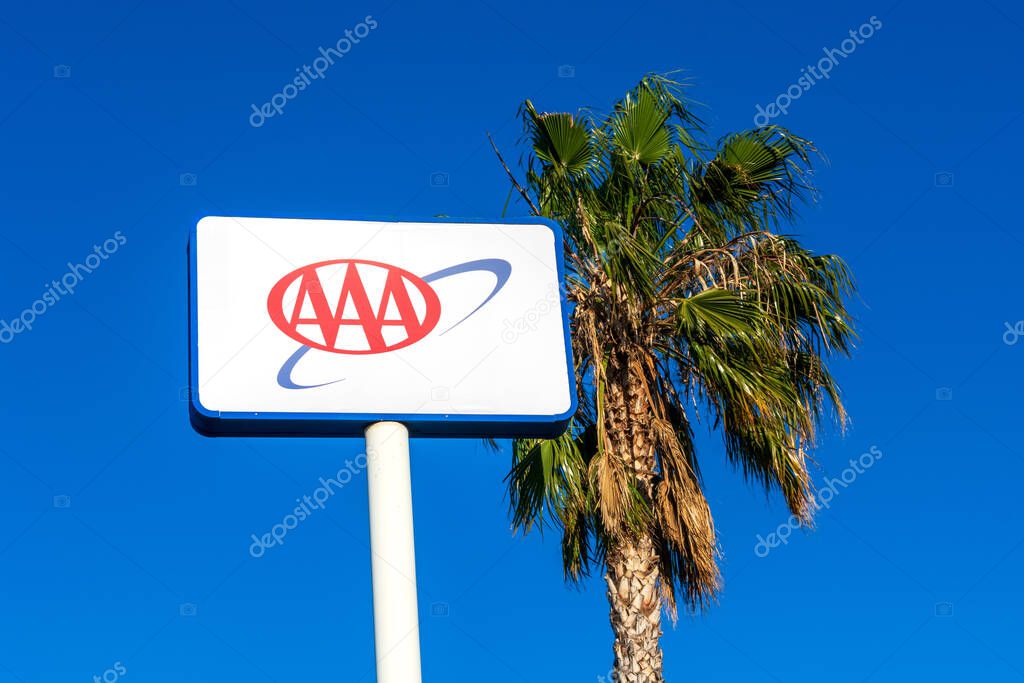 AAA sign at a branch of American Automobile Association privately held not-for-profit national member association and service organization - San Jose, California, USA - 2019