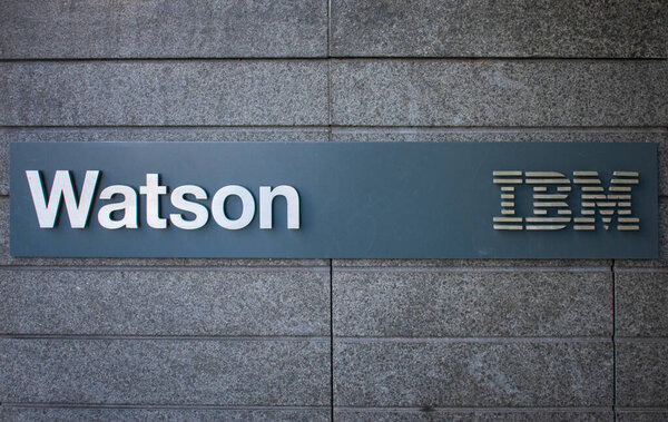 IBM Watson sign near IBM Watson headquarters office building in SOMA - San Francisco, California, USA - Circa, 2019