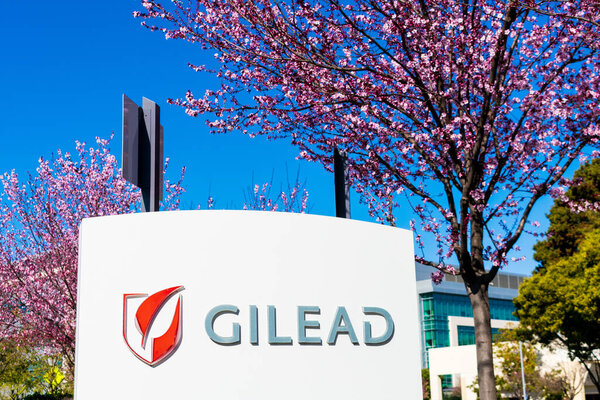 Gilead sign at headquarters in Silicon Valley. Gilead Sciences, Inc. is an American biotechnology company that researches, develops and commercializes drugs - Foster City, California, USA - 2020
