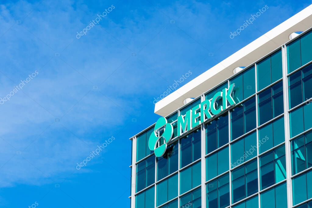 Merck logo at Merck Research Laboratories in Silicon Valley. Merck Co., Inc. is an American multinational pharmaceutical company - South San Francisco, CA, USA - 2020