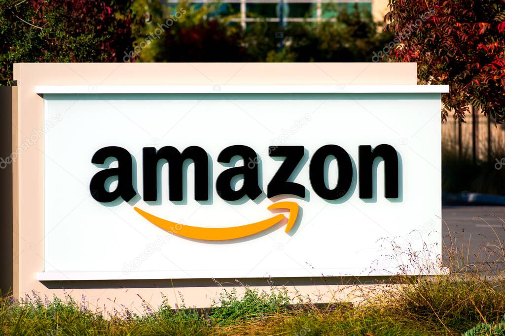 Close up. Amazon logo at Silicon Valley technology campus - Sunnyvale, California, USA - 2019