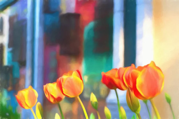 Zamknij Drzwi Piękne Kwitnące Pomarańczowe Tulipany Kolorowe Tło — Zdjęcie stockowe