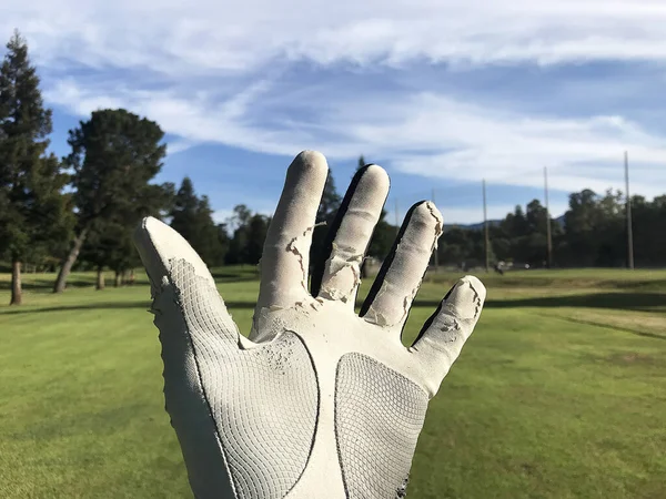 Old weathered white golf glove on the raised and open left had of golfer. Blurred green golf course with trees and beautiful sky background