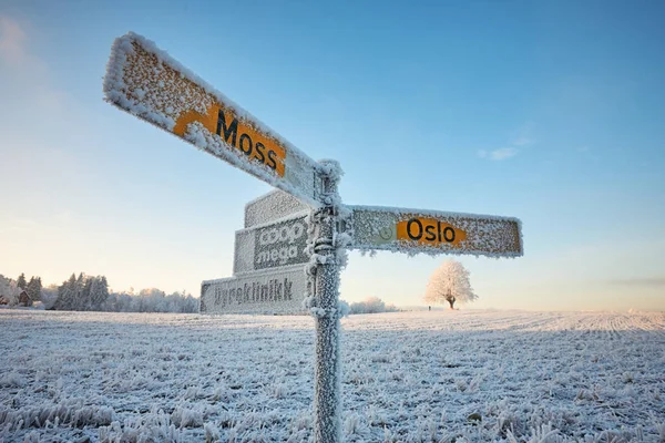 Het Verkeersbord Met Een Blauwe Lucht Winter — Gratis stockfoto