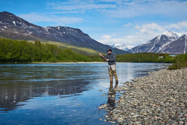 Fisherman Rod Mountain Lake — Stock Photo, Image