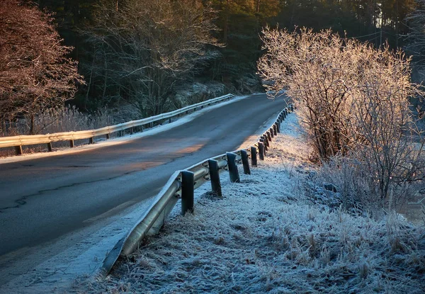 Vista Carretera Vacía Través Del Bosque Soleado Día Invierno — Foto de Stock