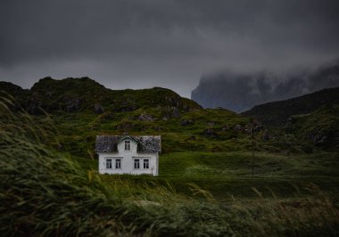 Scandinavian landscape with green meadow in mountains and lonely house in Hovden, Bykle, Aust-Agder county, Norway, Europe clipart