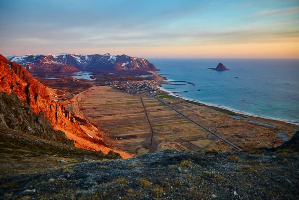 Flygfoto Över Havet Kusten Byn Bleik Nordland Län Norge Europa — Stockfoto