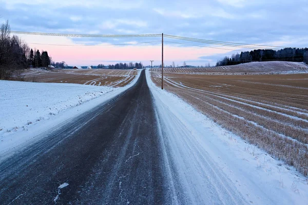 Wintry Road Meadows Frogn Norway Europe — Stock Photo, Image